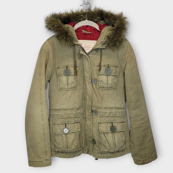 Vtg Y2K Abercrombie Fitch Canvas Cargo Hooded Field Coat S Olive Faux Fur Trim - Picture 1 of 8